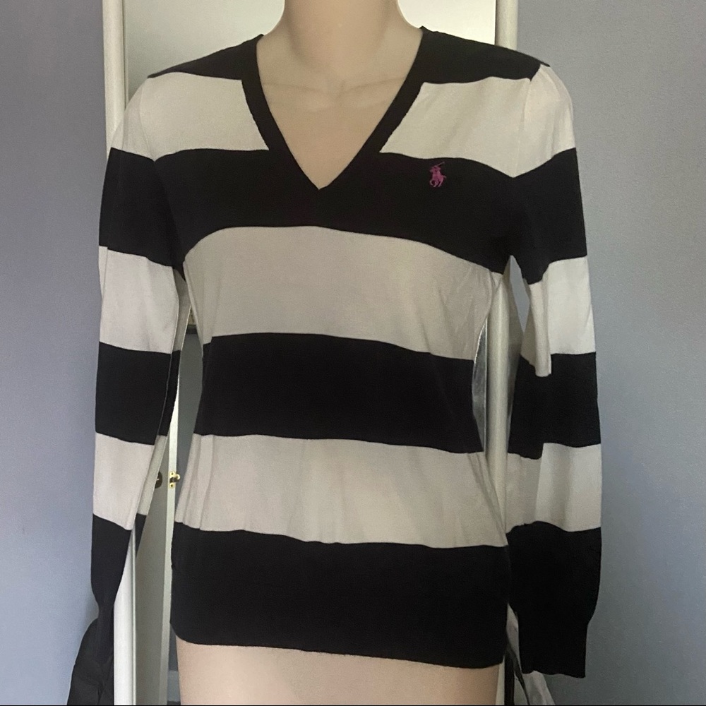 Ralph Lauren 💯% Cotton Sport Striped V-Neck Long Sleeve Shirt Size Medium